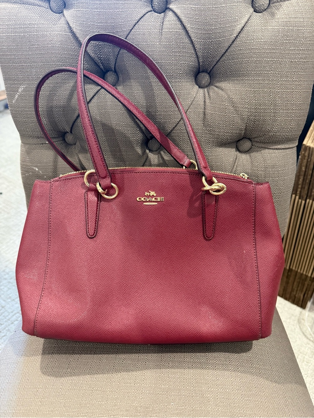 Coach Burgundy Pebbled Leather Shoulder Tote with Gold Hardware